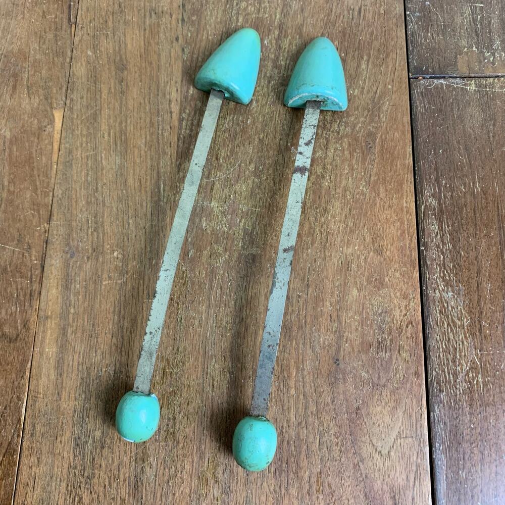 Antique metal & wood shoe shapers stretchers savers pastel teal blue‎ green